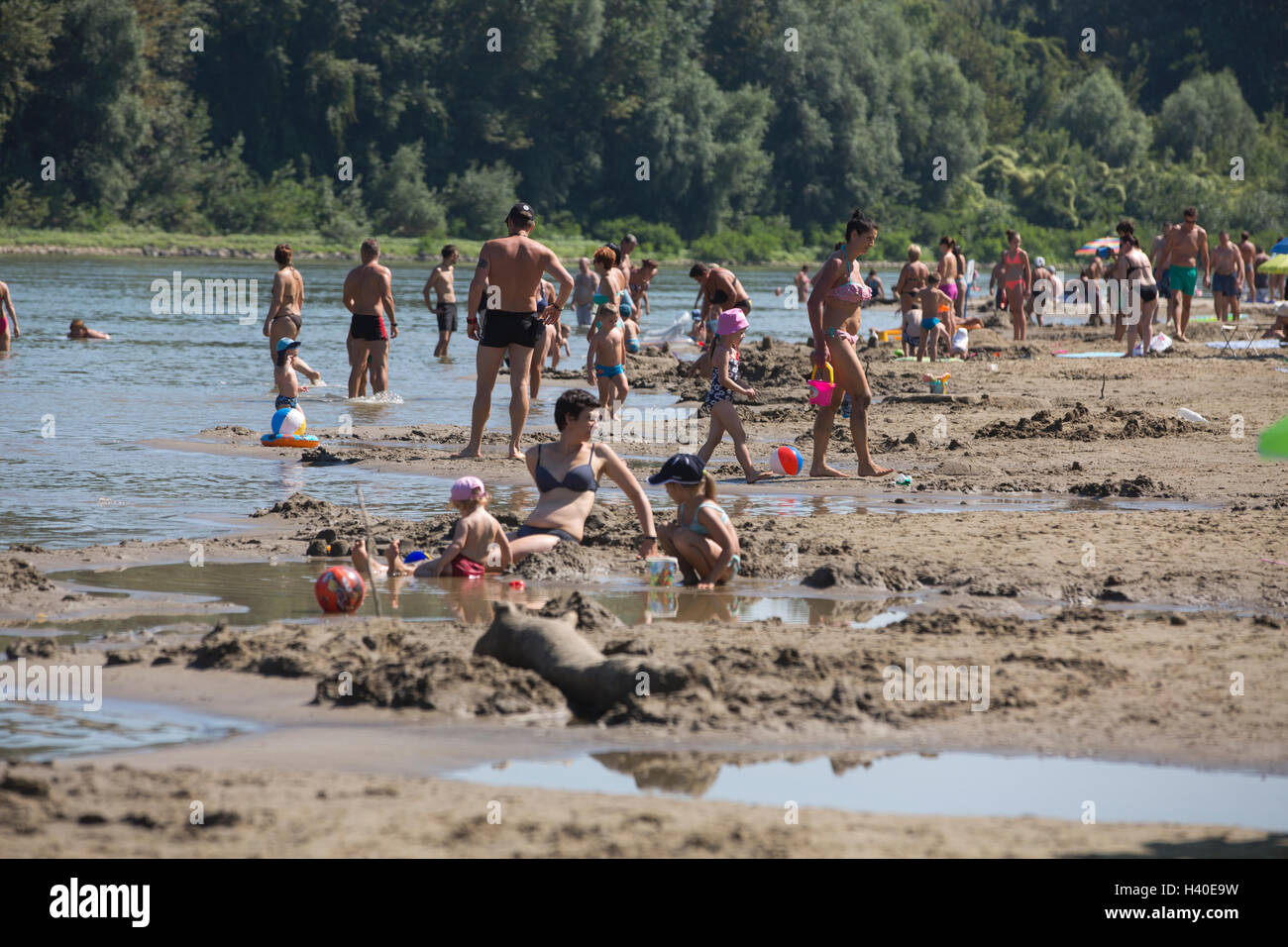 Hungarians enjoying the summer temperatures at Koros Torok sandy beach along the River Tisza, Csongrád, Hungary Stock Photo