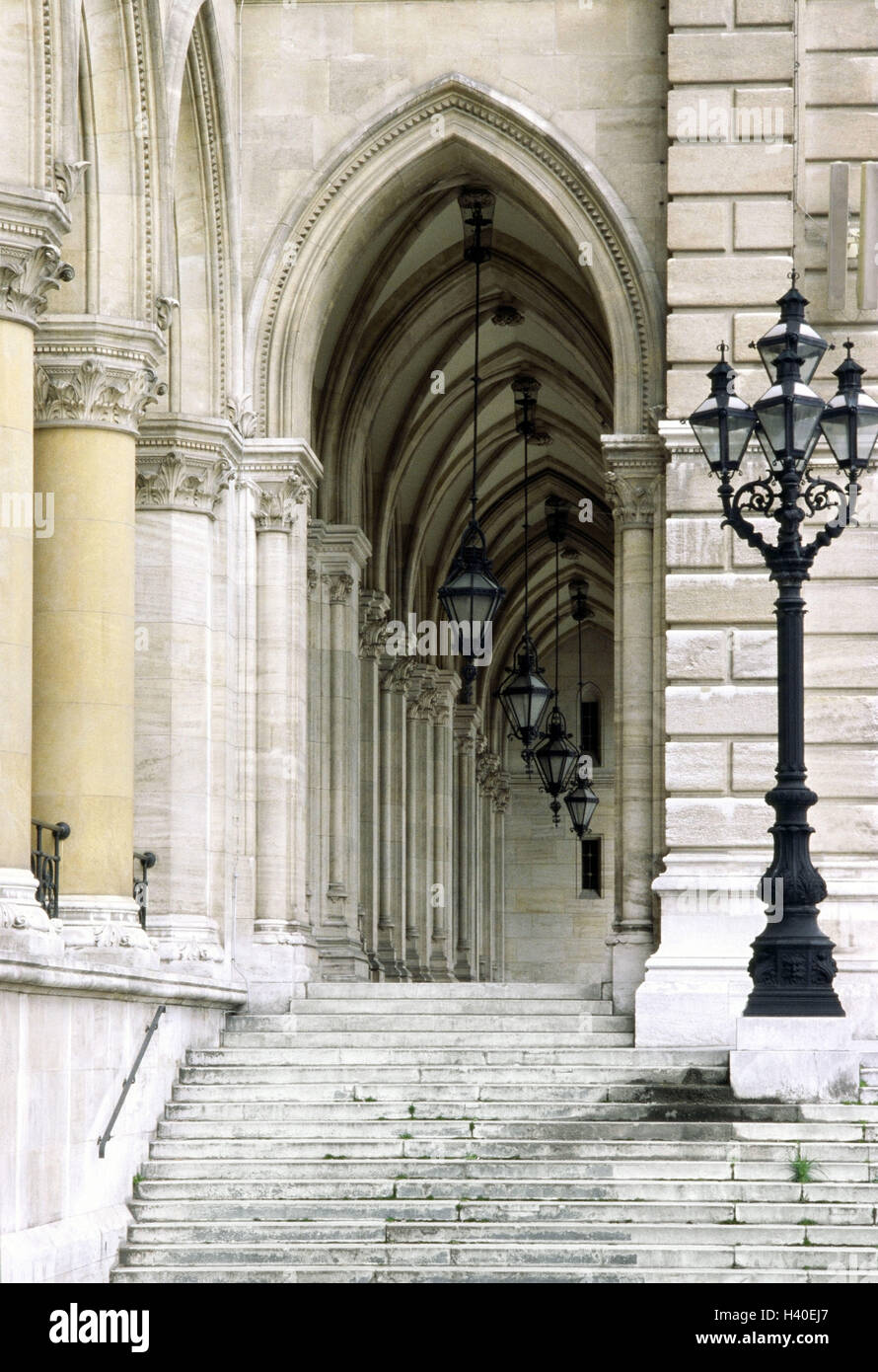 Austria, Vienna, city hall, pillars, stairs, spike curves, detail ...