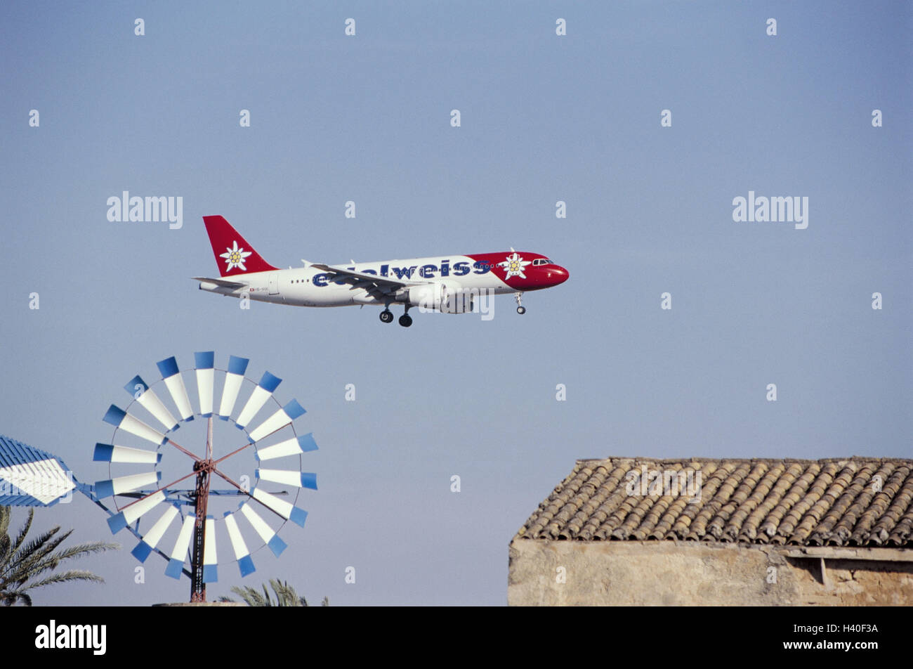 Spain, Majorca, village, wind turbine, airplane, overflight, the