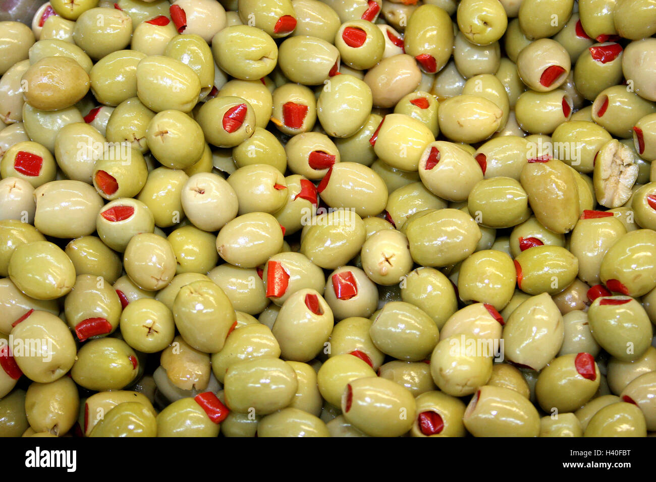 Red Peppers Stuffed Green Olives Stock Photo Alamy