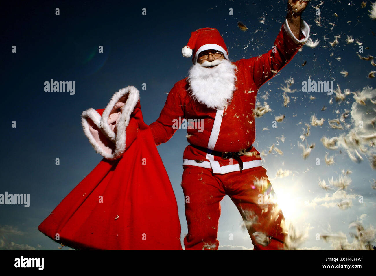 Christmas, Santa, pouch, gesture, "snowflakes", back light Christmas, yule  tide, x-mas, man, glasses, beard, headgear, cap, Santa's hat, pointed cap,  red, lining, costume, for Christmas, Santa's costume, panels, dresses up,  Santa Claus,