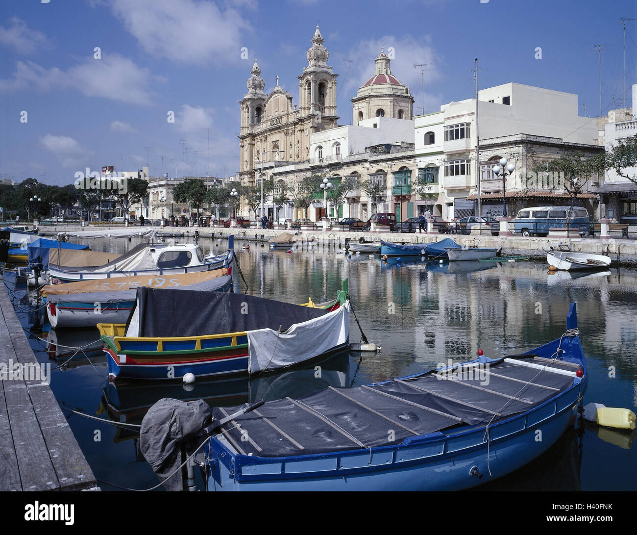 Malta, Msida, town view, harbour, St. Joseph's church, island state, island, town, fishing harbour, fishing boats, boots, church, parish church, place of interest Stock Photo