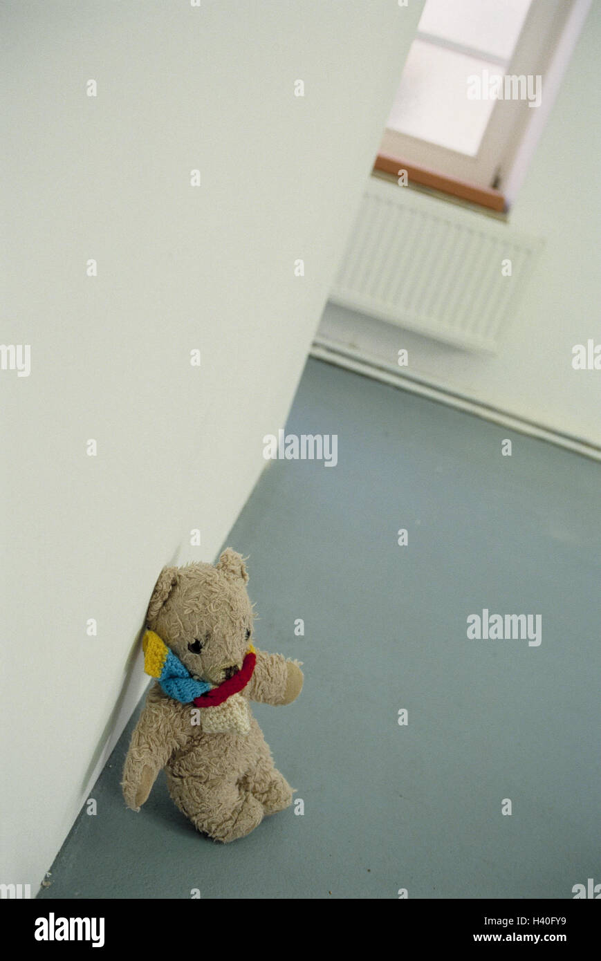 Flat, blank, detail, teddy bear, Still life, product photography, childhood, toys, soft toy, soft toy, Teddy, soft animal, loneliness, lonely, all alone, exit, desolation, forgotten, oblivion Stock Photo