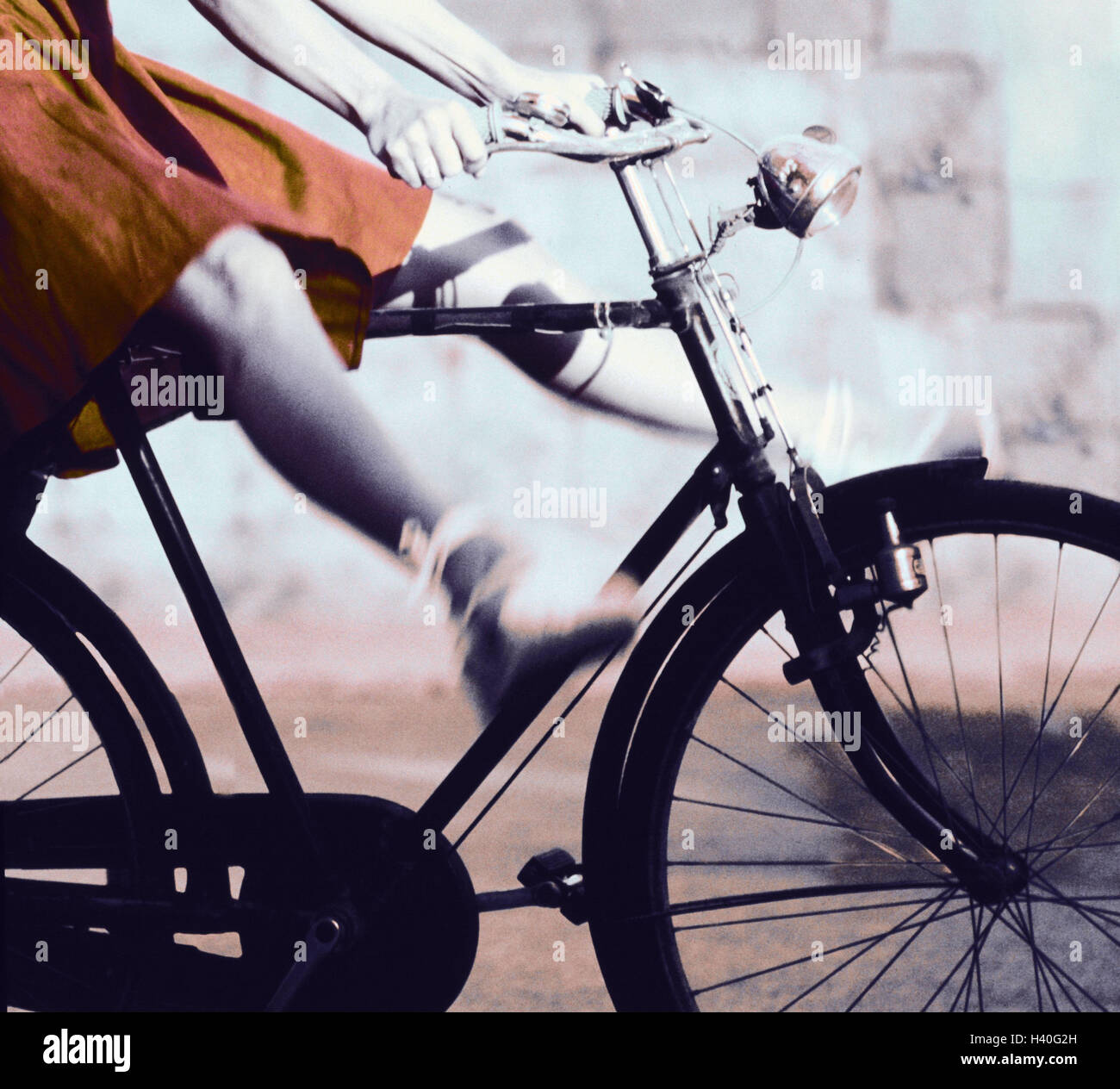 Woman, bicycle driving, happy, melted, detail, young, riding of a bike,  bicycle, old, nostalgically, fun, joy, joy life, feeling, elation,  cheerfulness, exuberance, joy living, happy, exhilarates, rock, bones lift,  b/w, coloriert very