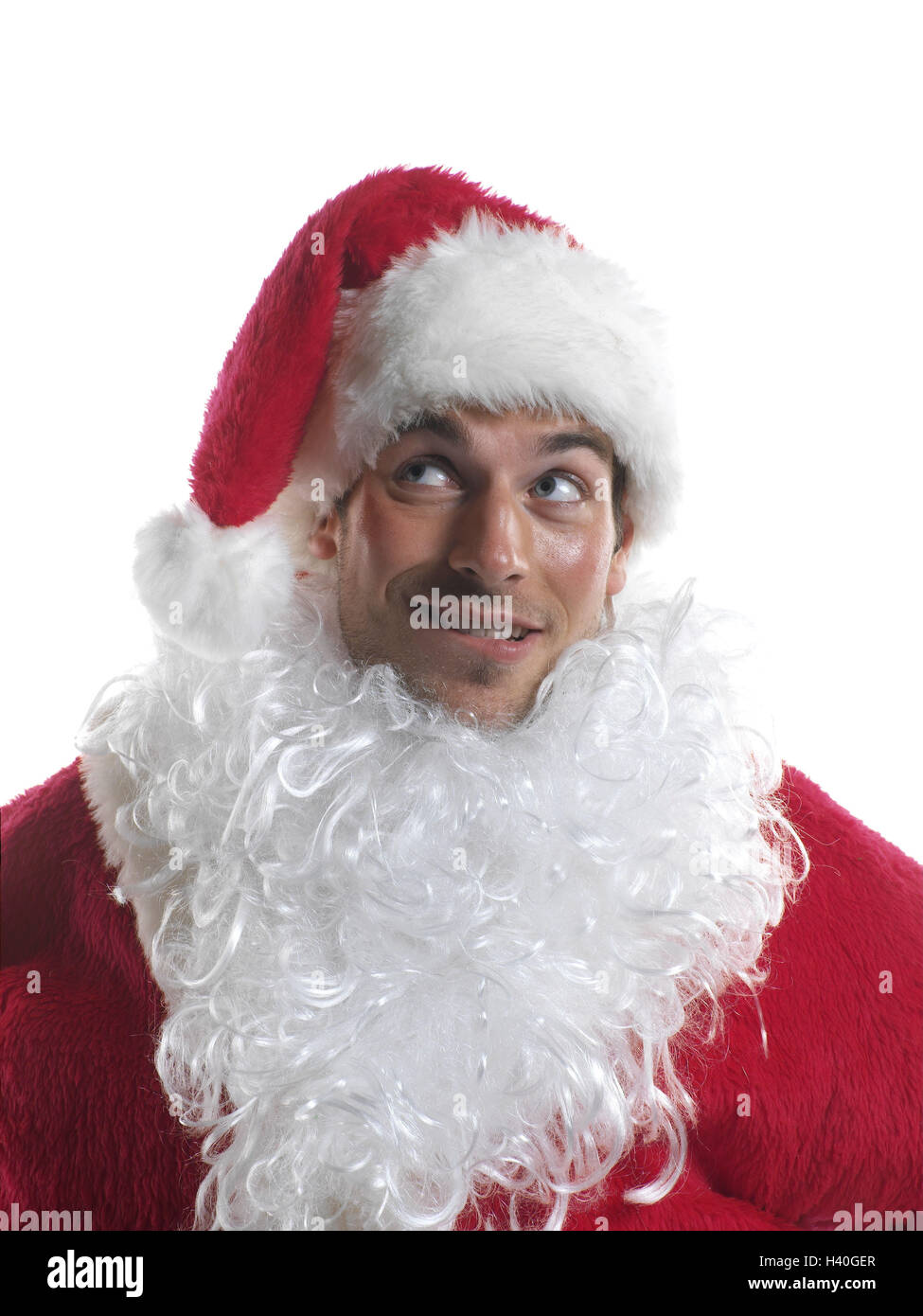 Christmas, man, Santa's costume, to high-level views, portrait, Christmas, yule tide, x-mas, young, Santa, Santa Claus, Santa Claus, headgear, cap, Santa's hat, pointed cap, red, lining, costume, masks, dresses up, for Christmas, beard, drunkenness beard, Stock Photo