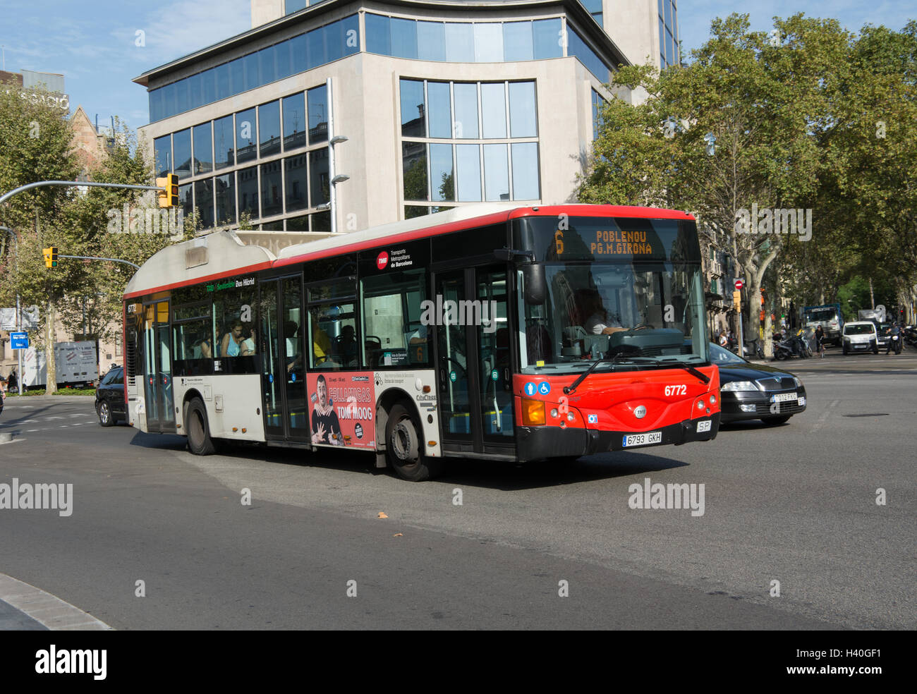A bus travels along Avinguda Diagonal Barcelona. Stock Photo