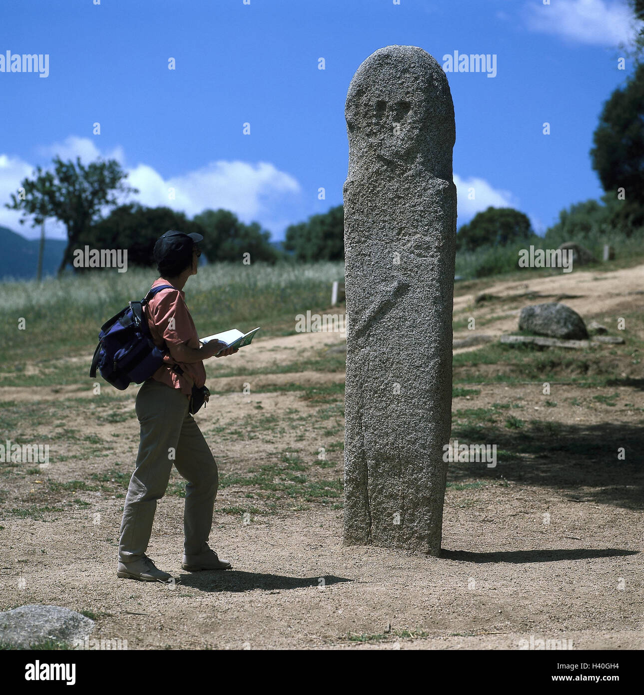 France, island Corsica, Filitosa, Menhir-Statue, tourist, island, Mediterranean island, Corsica, Taravo area, prehistoric finding site, menhir statue, megalithic culture, Neolithic Age, place of interest, to cultural travel, culture, Taravo valley Stock Photo