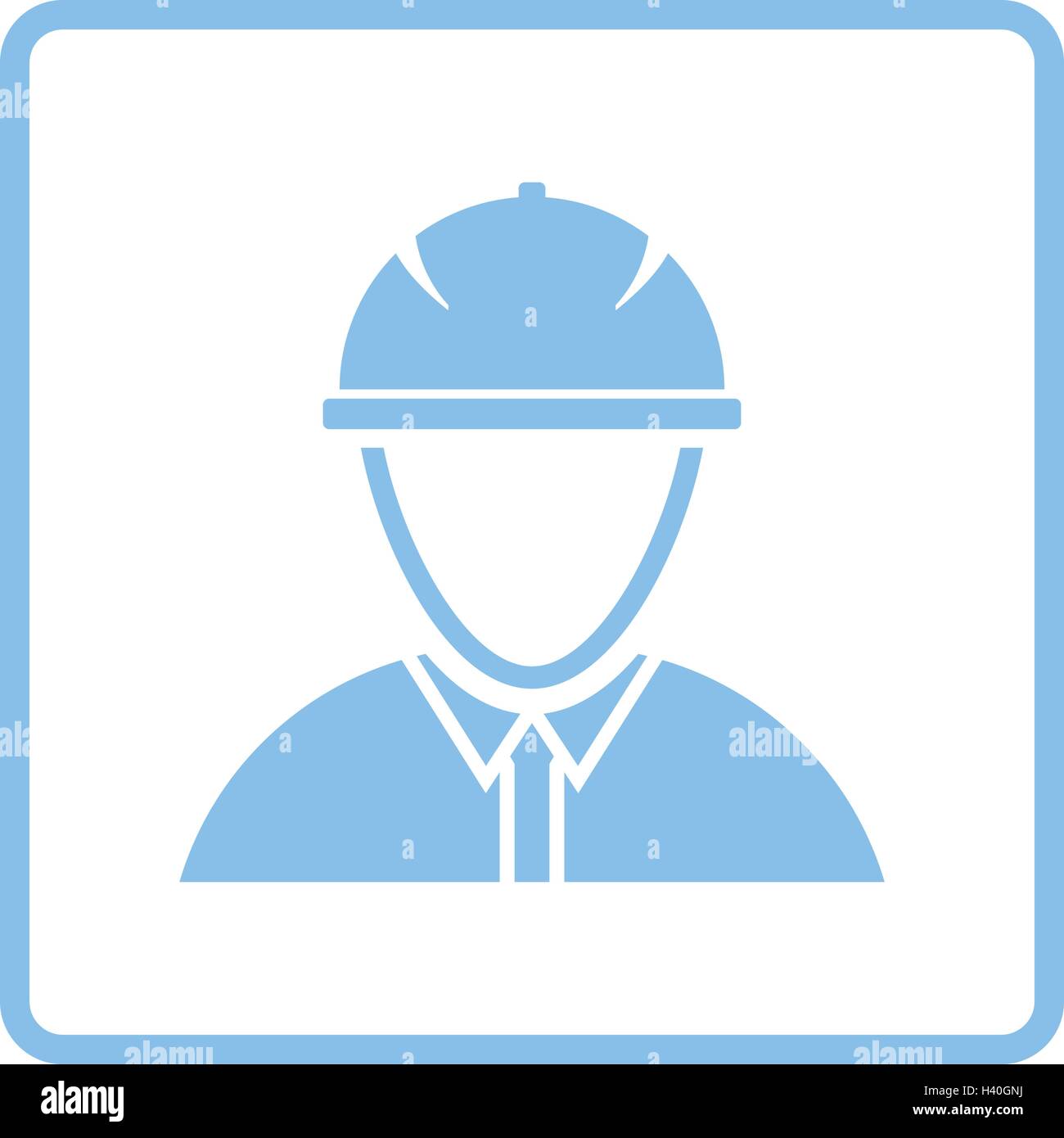 Icon of construction worker head in helmet. Blue frame design. Vector ...