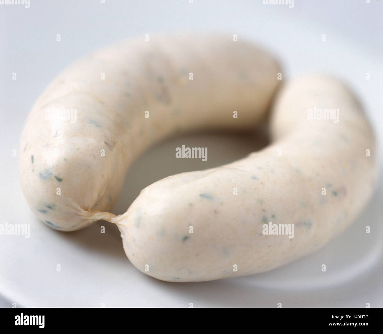 Plate, detail, veal sausage couple, sausages, veal sausages, couple, two, in Bavarian, meat food, snack, pre-lunch drink, food, eat, Still life, studio, blur Stock Photo