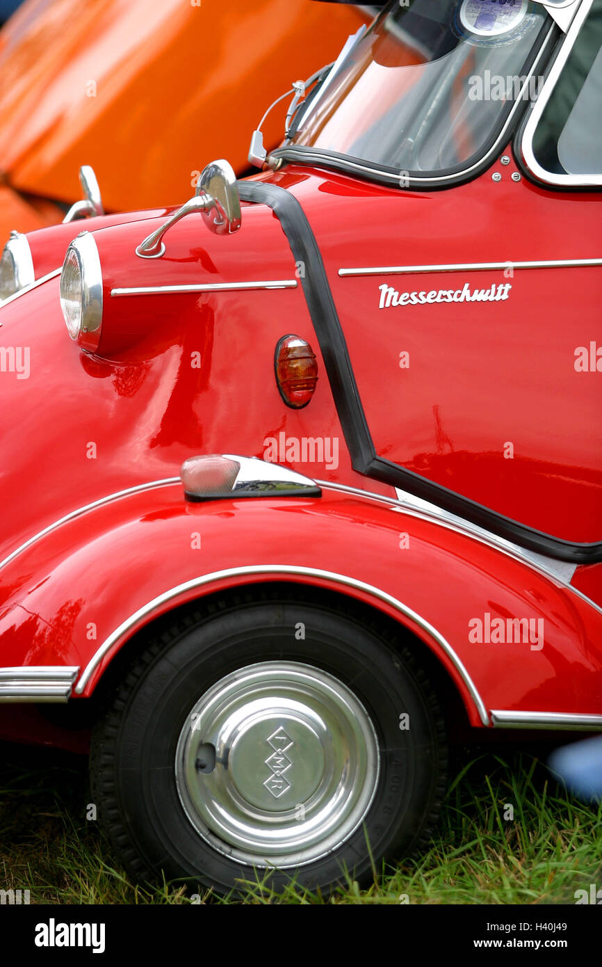 Messerschmitt Kabinenroller, red, close up, vehicle, old-timer, 3-wheeled, tricycle, radian, fender, lights, nostalgically, product photography Stock Photo