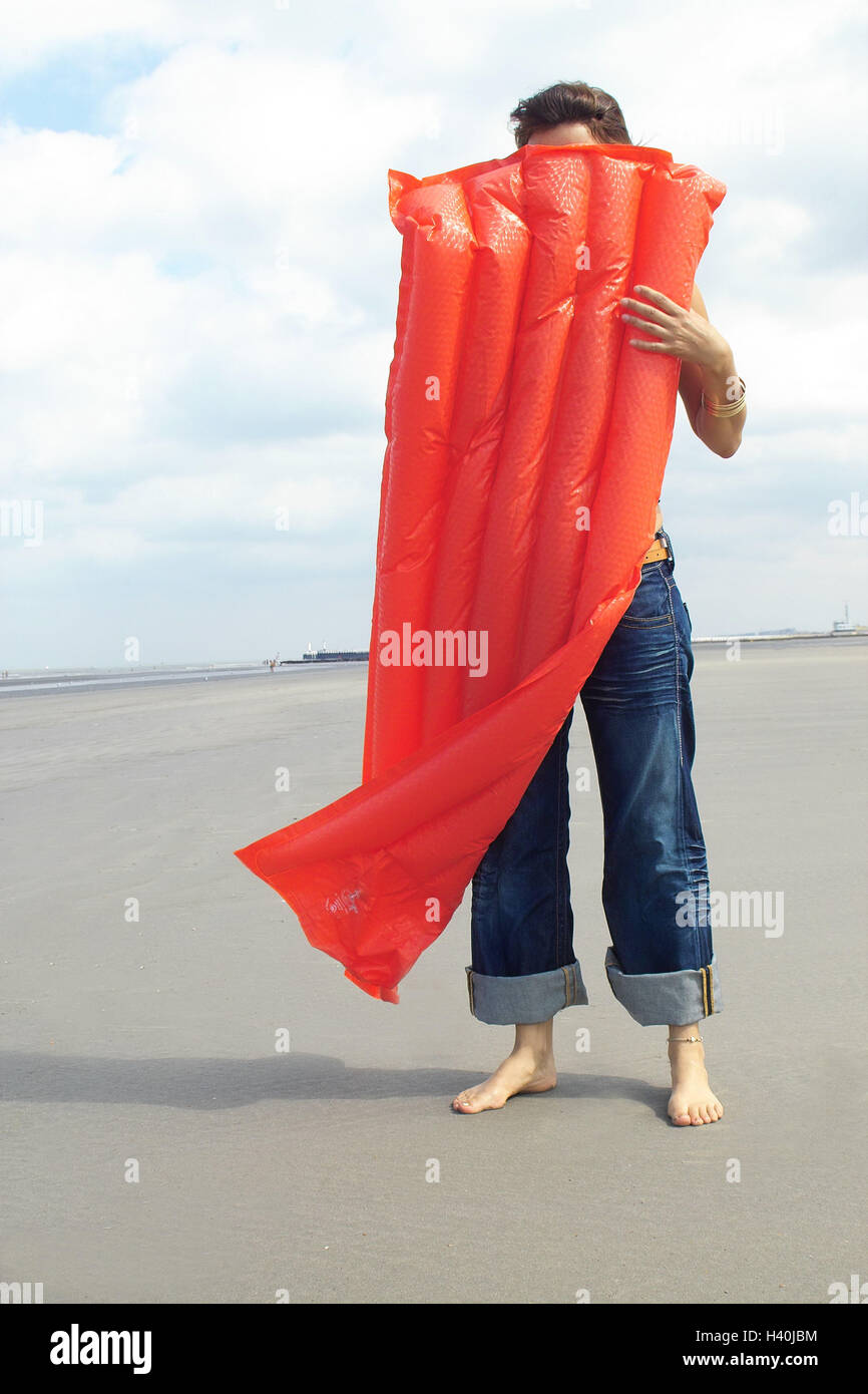 Sandy Beach Woman Barefoot Stand Hold Air Bed Windy 20 30 Stock Photo Alamy