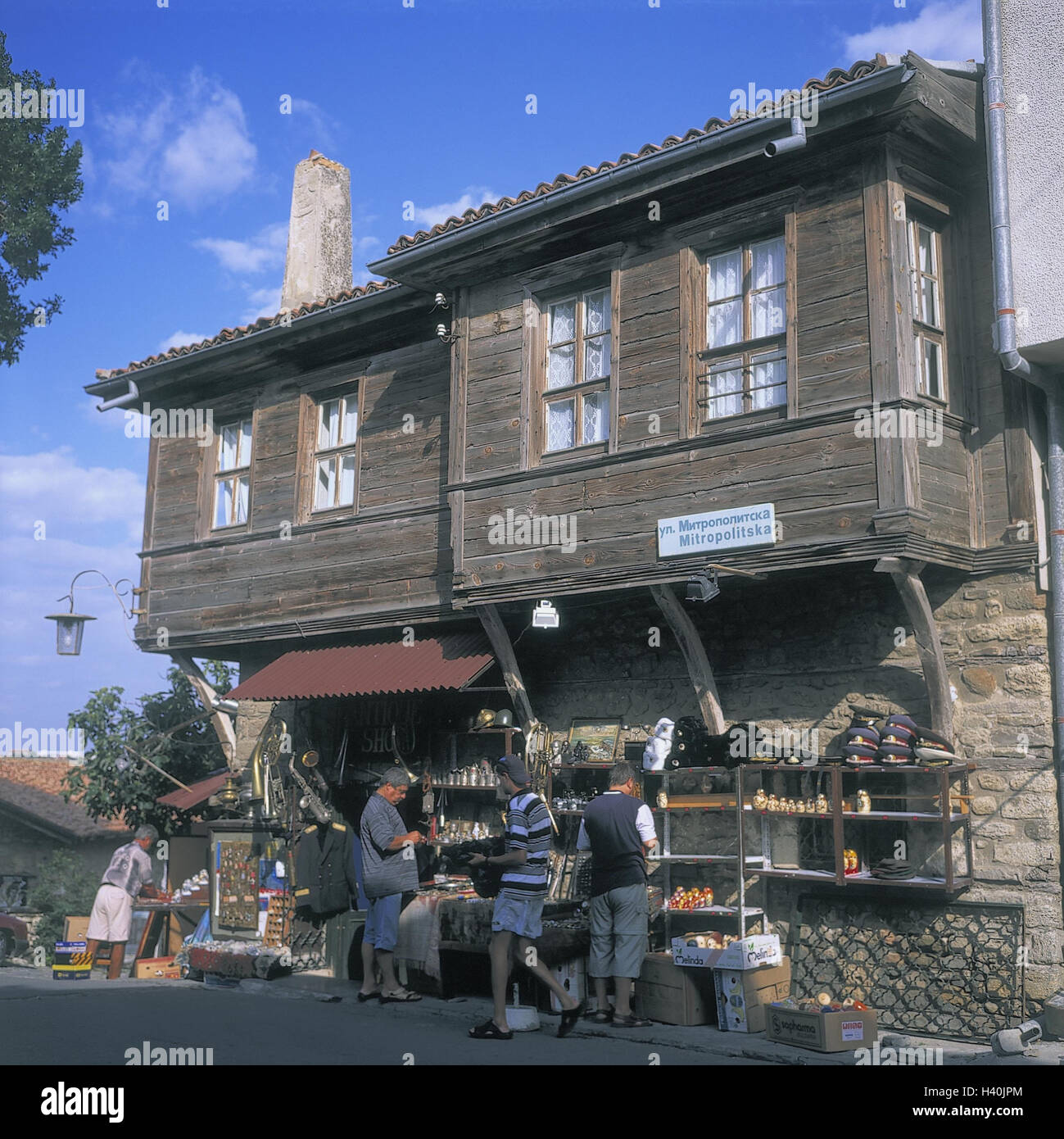 Bulgaria, Nesebar, Old Town, wooden house, sales, souvenirs, Southeast, Europe, Nessebar, architectural style, traditionally, souvenir sales, antiques, economy, trade, local, men, outside Stock Photo