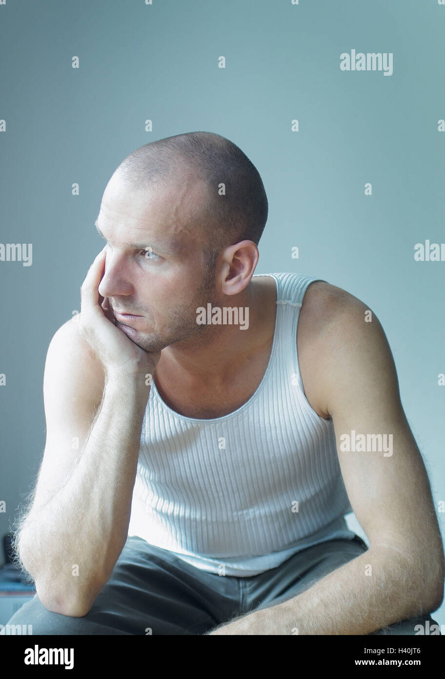 Man, view side view, head rest on, half portrait, 32 years, vest