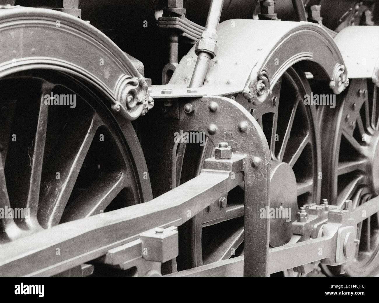 Steam coupling rod, wheels, detail, b/w,