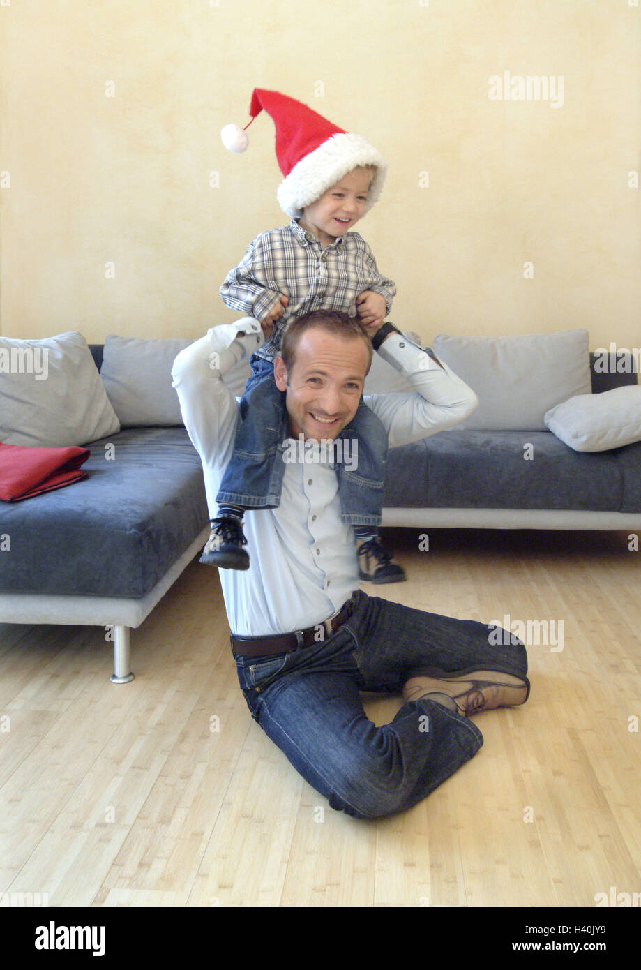 Sitting Rooms Floor Father Son Santa S Hat Rave Man Manly