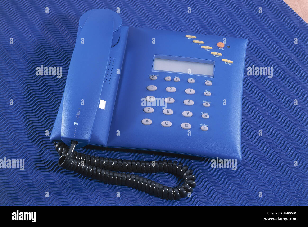 Pushbutton telephone, blue, T-Alea phone, fixed network, telecommunication, communication, call up, product photography, Still life Stock Photo