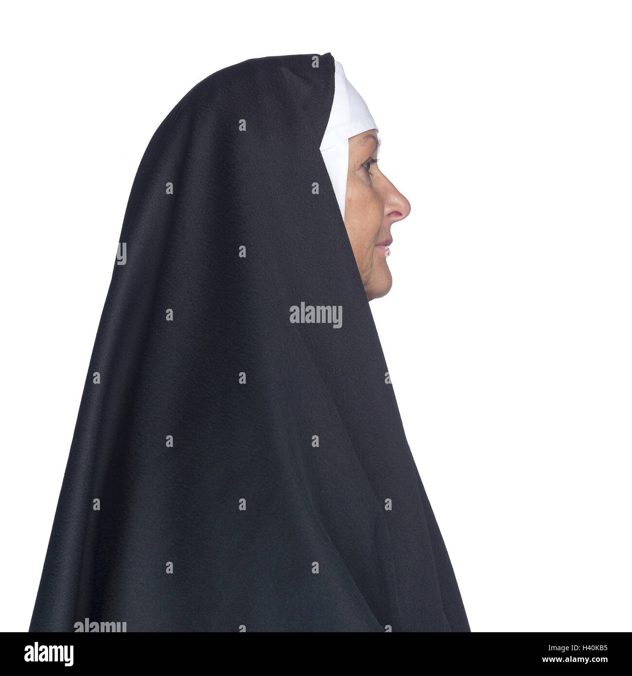 Nun, portrait, tread cloister sister, priests, order woman, Catholic, faith, religion, cut out, page portrait, side view, Stock Photo