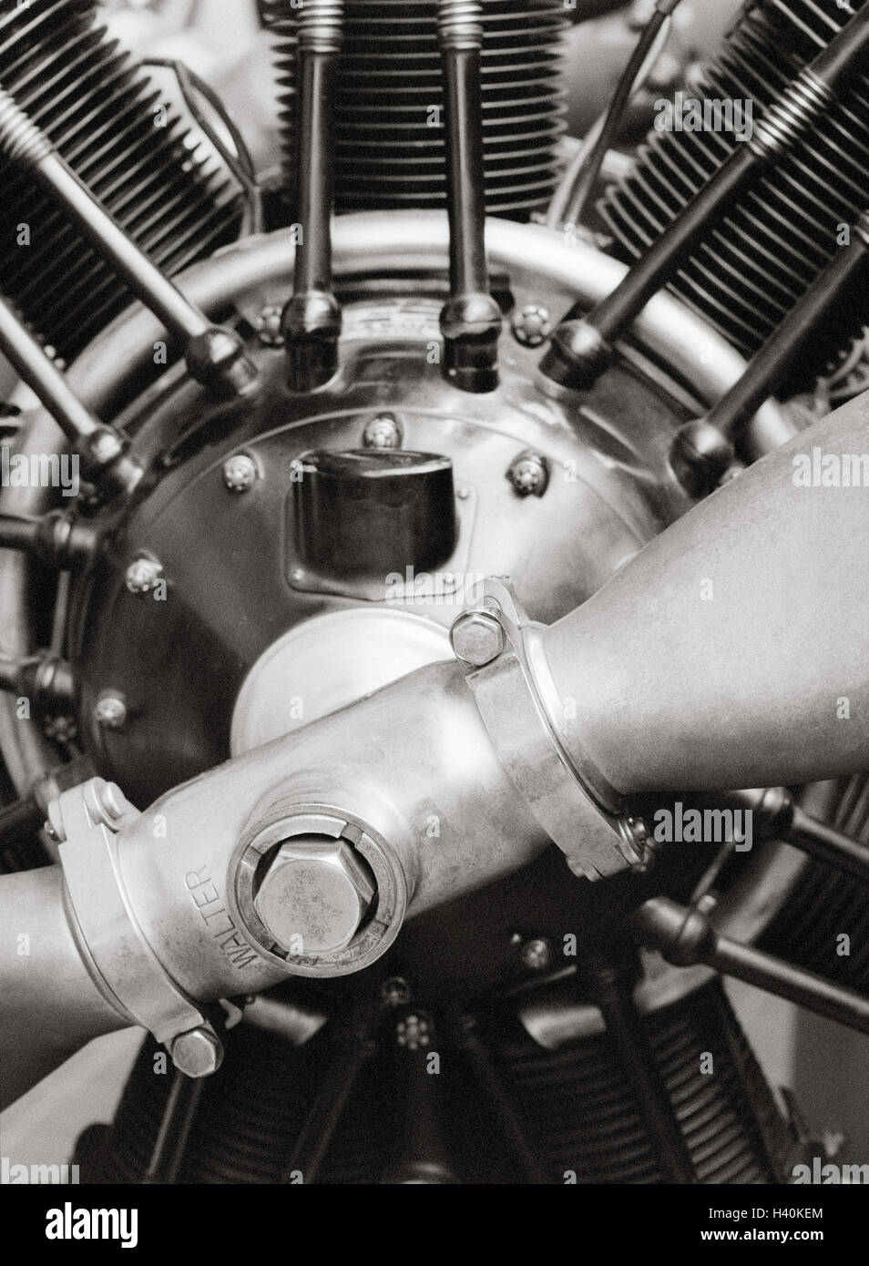 Aircraft engine, air-screw, detail, b/w, airplane, air-screw airplane, aviation, air traffic, air traffic, economy, industry, mechanics, technology, engine, cylinder, cooling fins, chill grill, radial engine, screwing, drive, curled Stock Photo