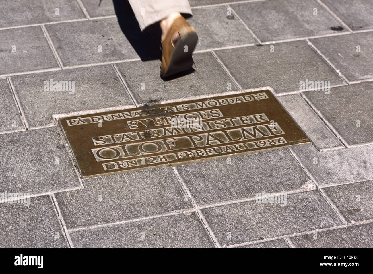 Sweden, Stockholm, Olof Palme, sidewalk, commemorative table, north euro grandpa, Scandinavia, politician, murder, memory, recollection, site crime, attempt, pedestrian, detail, bone Stock Photo