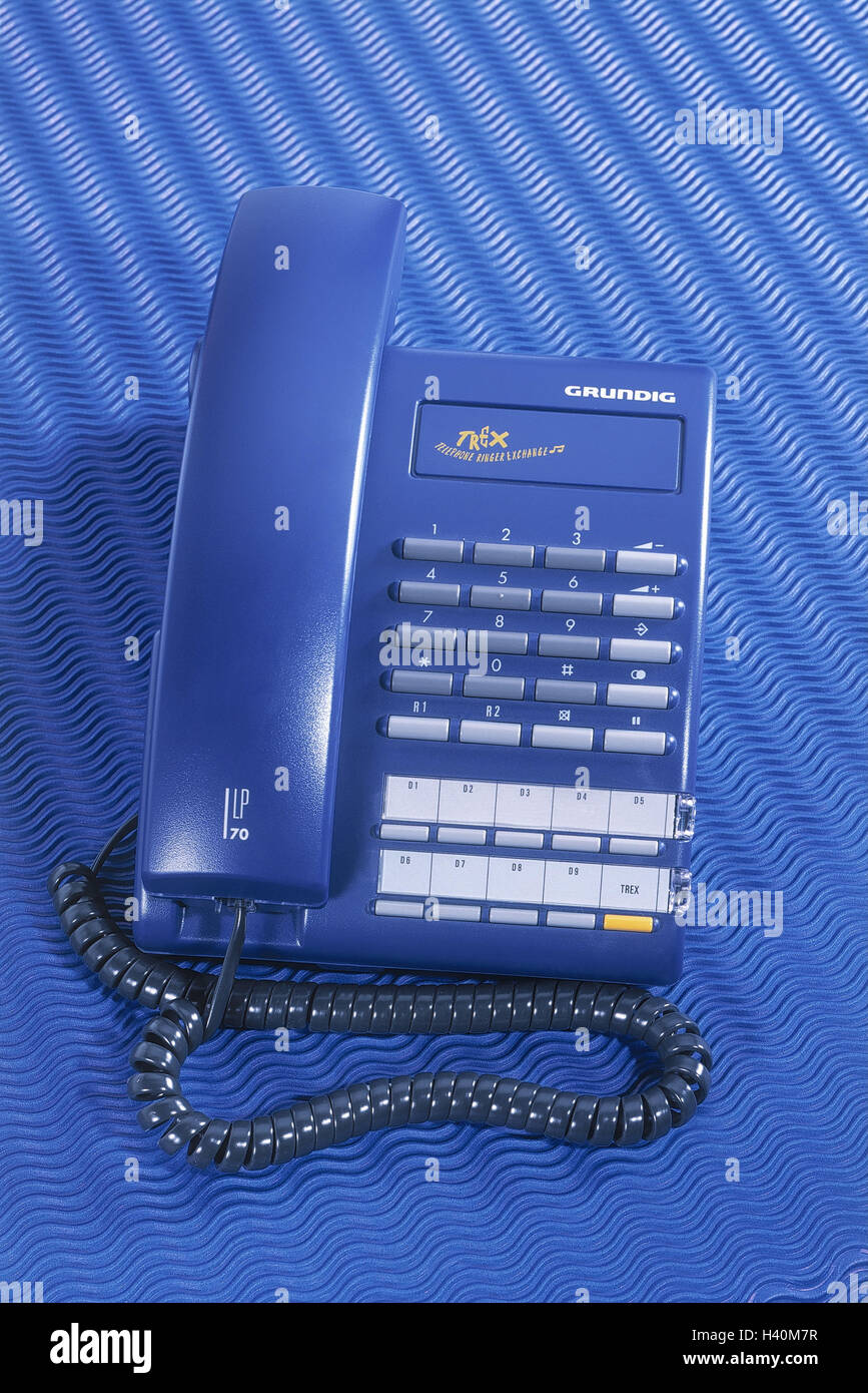 Pushbutton telephone, blue phone, fixed network, telecommunication, communication, call up, product photography, Still life Stock Photo