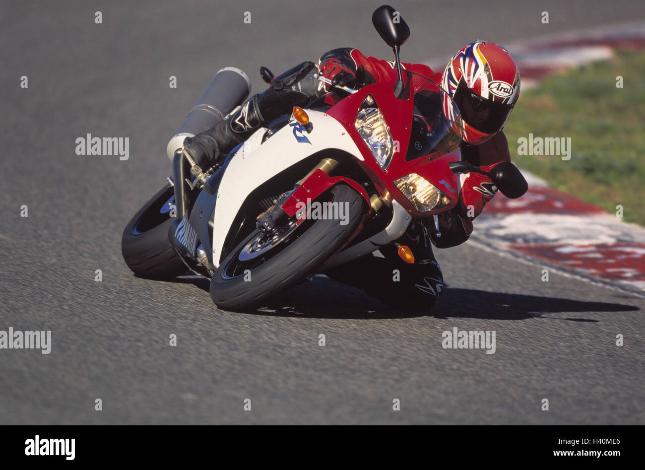 Race track, motorcyclist, bend position, Yamaha R1 only editorially! Motorcycle sport, motorcycle, motor sport, sport, speed, quickness, go, driver, hobby, training, driving training Stock Photo