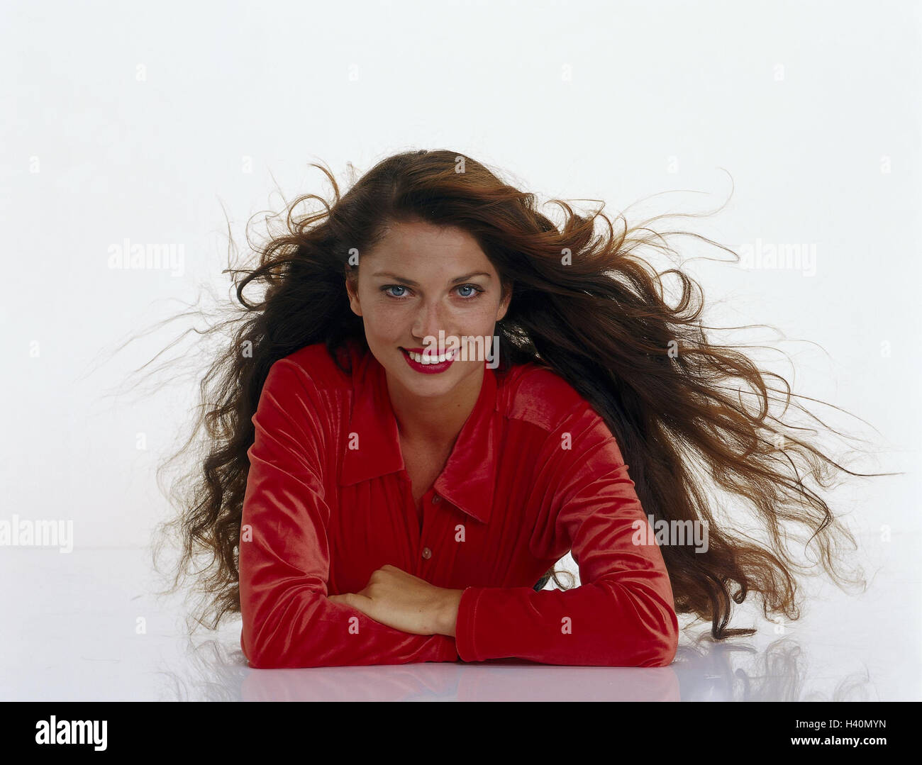 Woman, laugh young, long-haired, blouse, red, added support, happy, portrait, women, beauty, make-up, rest on, studio, cut out, Stock Photo