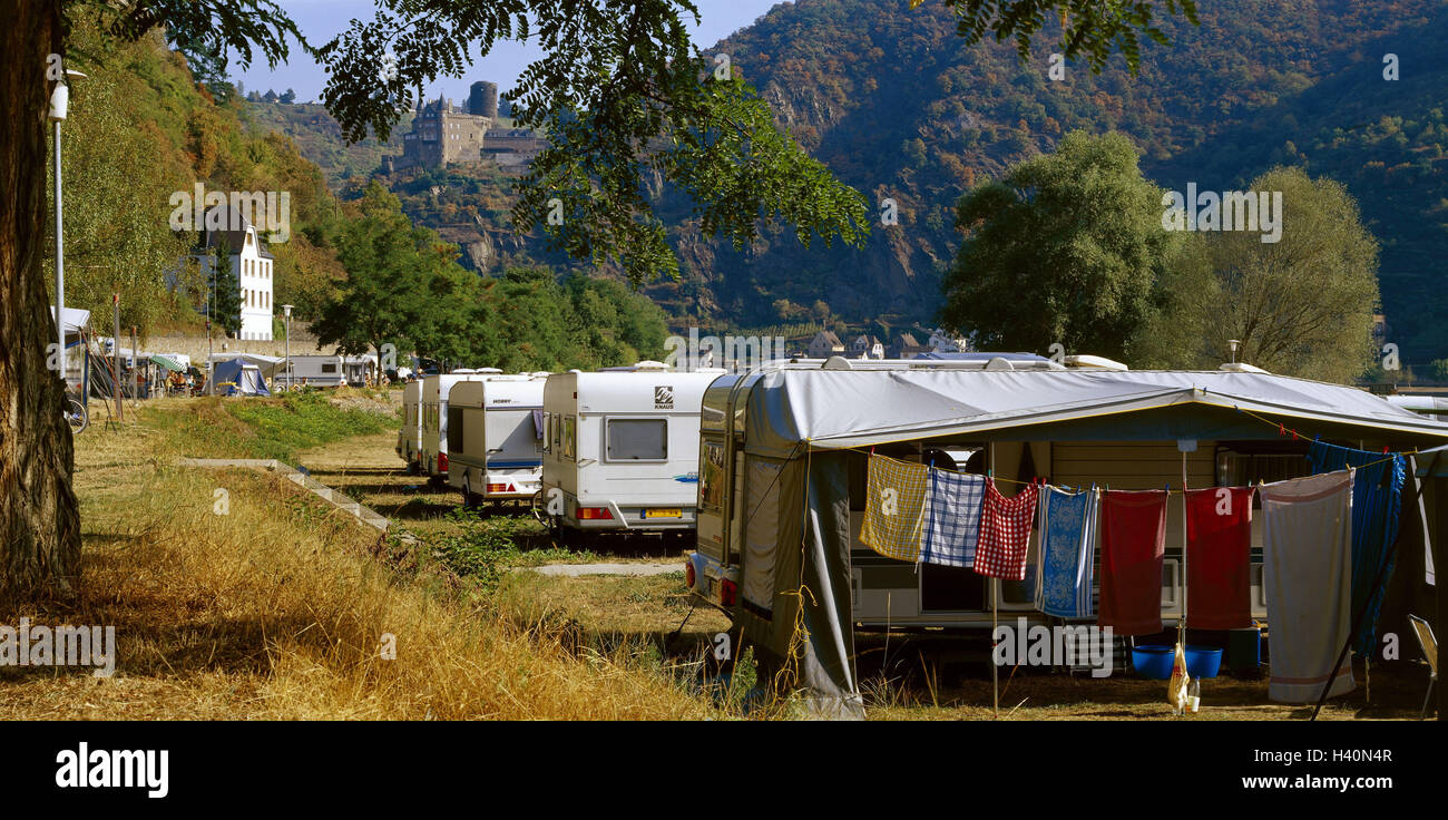 Germany, Rhineland-Palatinate, Middle Rhine, St. Goar, camping site 'Loreleyblick', Wohnwägen, castle cat, Europe, Rhine Hunsrück circle, holiday destination, destination, holiday destination, tourist resort, tourism, Campingwägen, vacation, holidays, cam Stock Photo