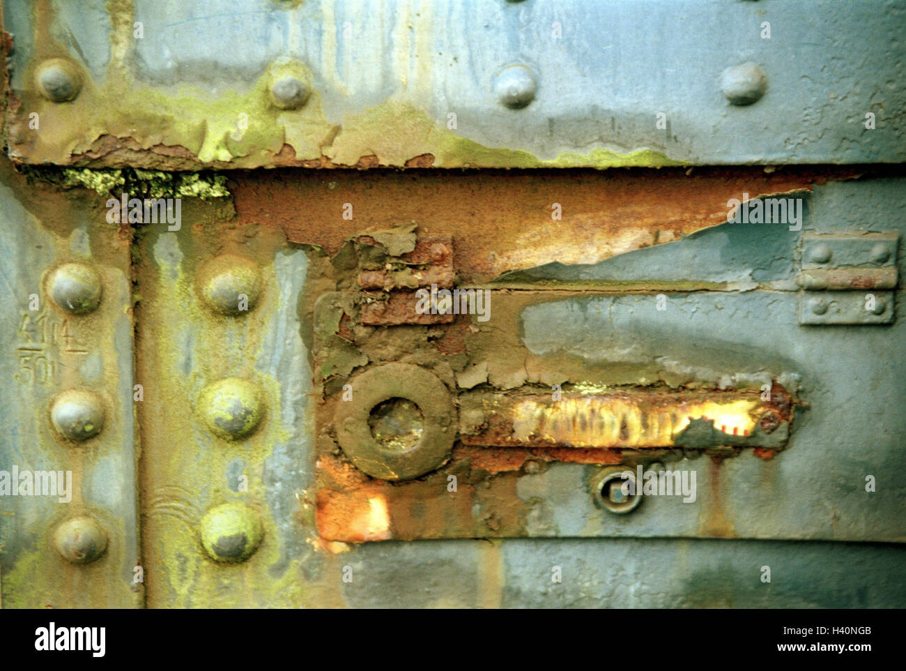 Good carriage, rivets, rust, close up, train, train carriage, railway, railway car, goods train, carriage, disused, old, uses, discards, colour, varnish, peel off, weather-beaten, rust, corrosion, transitoriness, Still life, detail Stock Photo