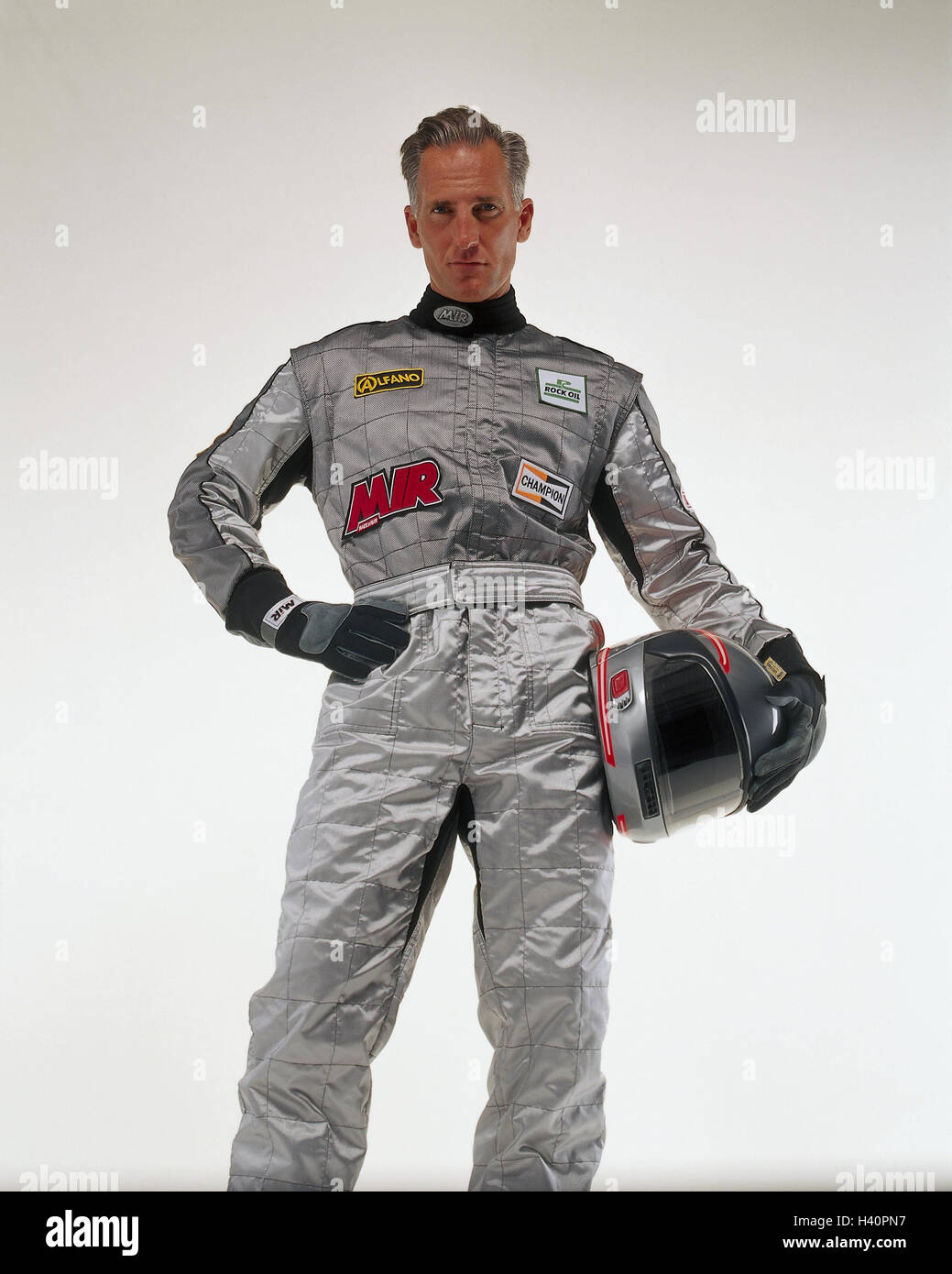 Motor sport, racing driver, overall, helmet, silver sport, racing sport, man, racing suit, crash helmet, safety helmet, hard hat, gloves, stand, careless, casually, cool, studio, Stock Photo