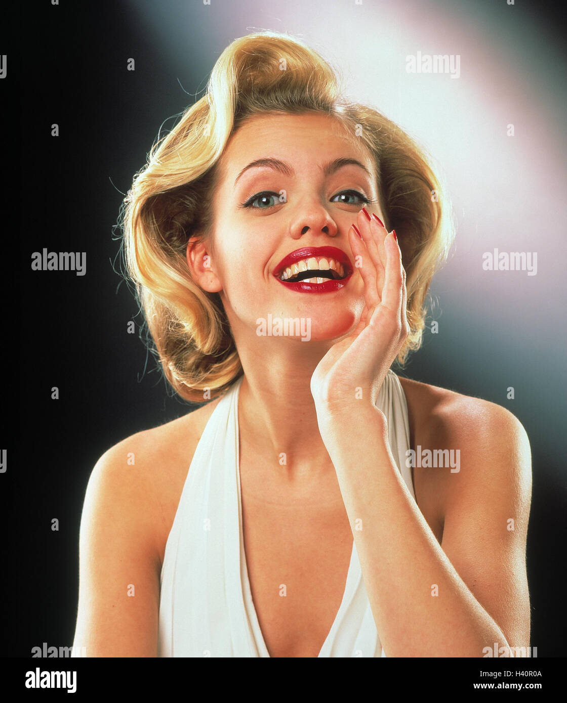 Imitation, Marilyn Monroe, gesture, shout, portrait, women, woman, young, blond, happy, call, stand-in, studio, exclaim, announce, announcement, shout, Stock Photo