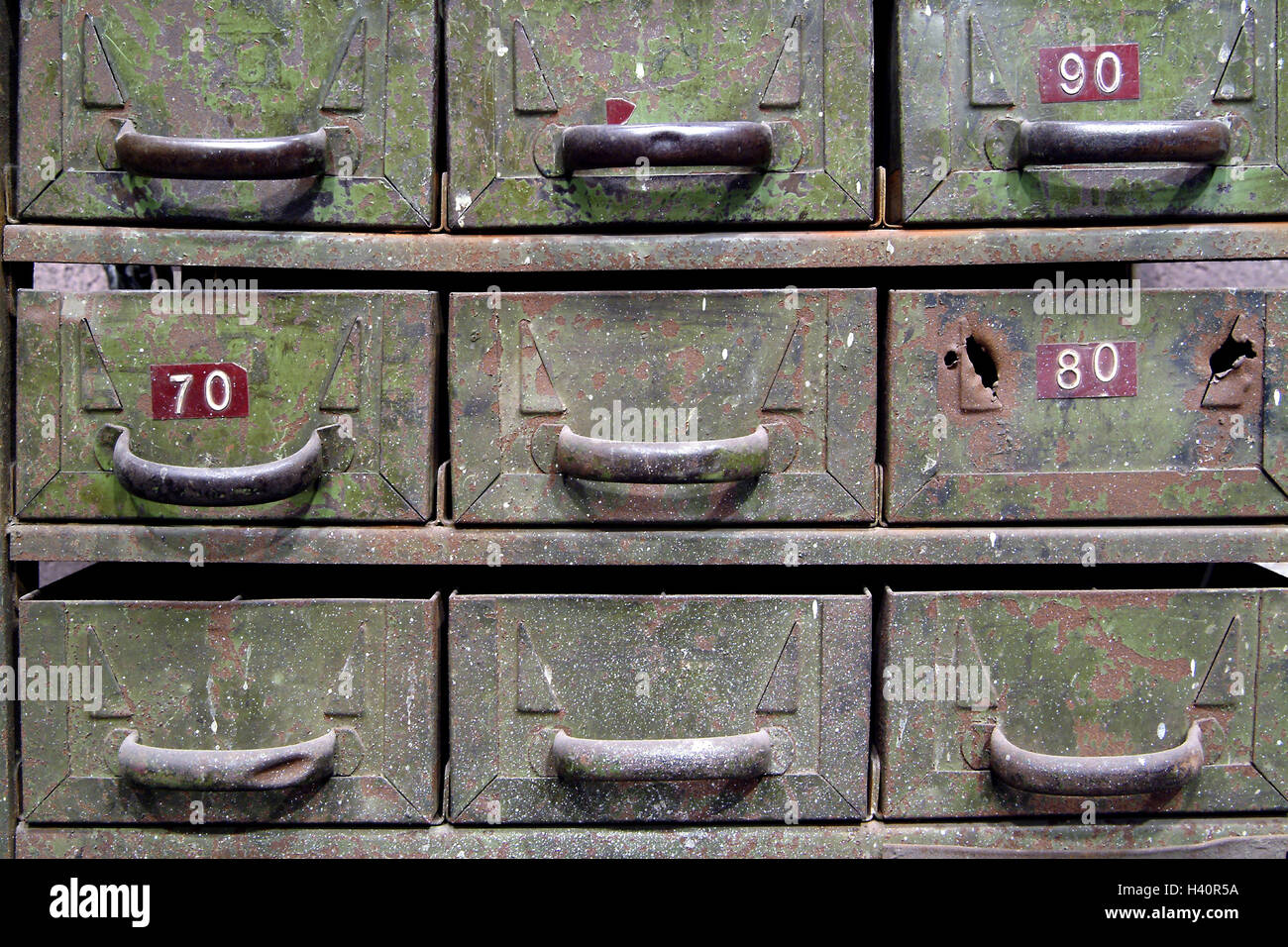 Iron cupboard, detail, drawers, numbers, cupboard, tin cupboard, old