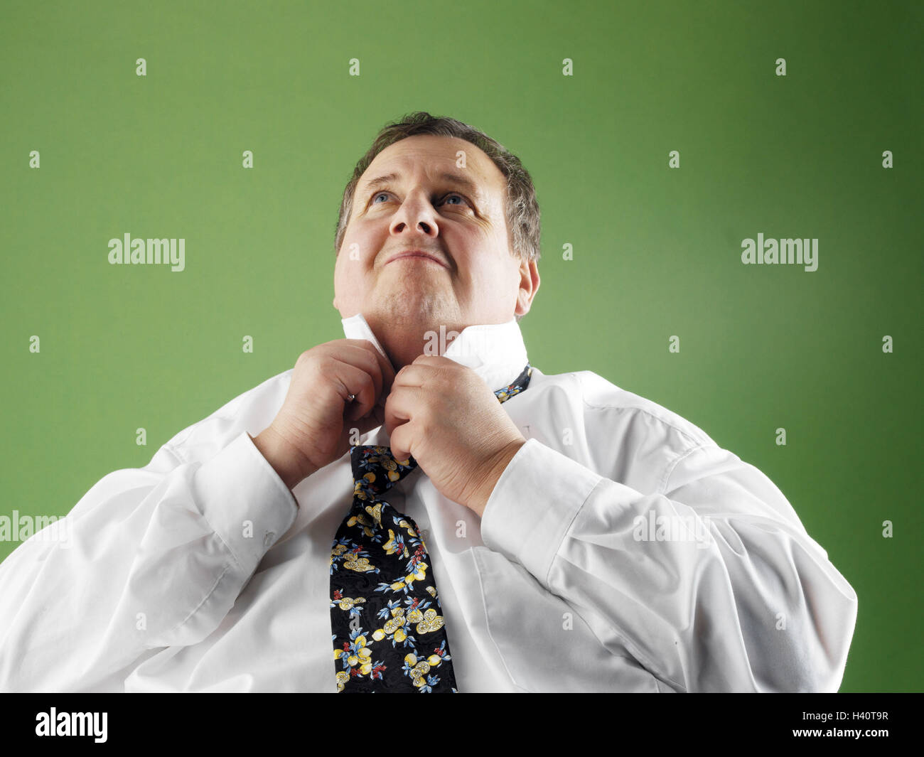 Man, overweight, dress, shirt collars, closely, portrait, middle old person, thickly, bold, overweight, adiposity, obesity, fatly, obesity, body weight, perimetre, voluminously, increase in weight, body perimetre, increase, pull, shirt, collar, close, pro Stock Photo
