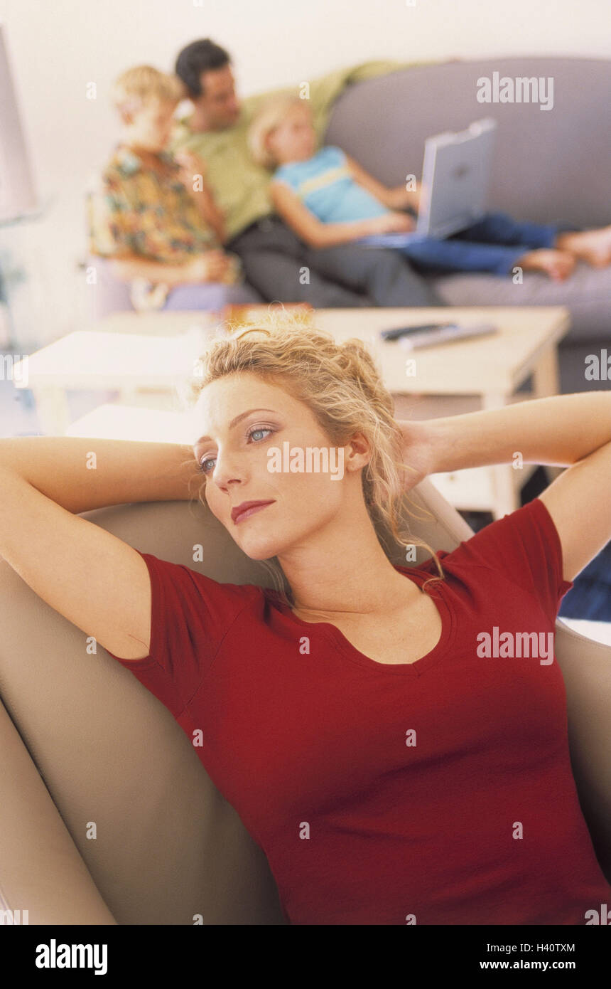 Armchairs, nut, take it easy, play background, sofa, father, children, laptop, blur family, family life, leisure time, leisure activity, woman, seriously, portrait, disinterest, estrangement, conflict, voltage, turn away, outdistance, difference, discrepa Stock Photo