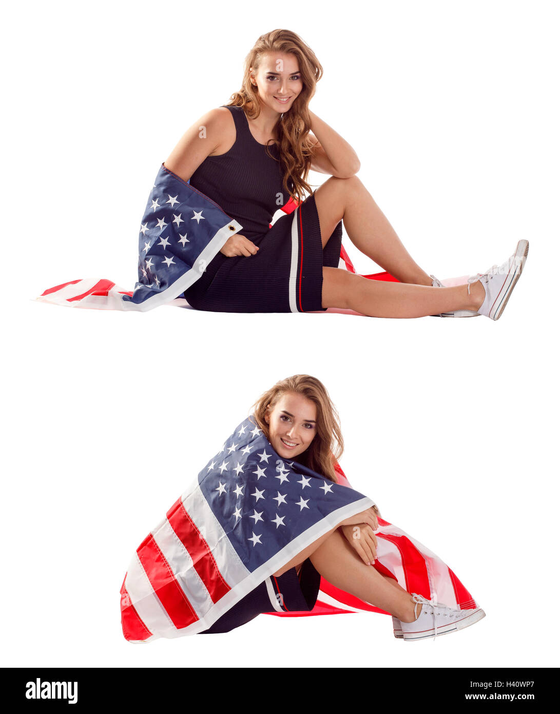 Happy young woman holding USA flag. Image isolated on a white ...