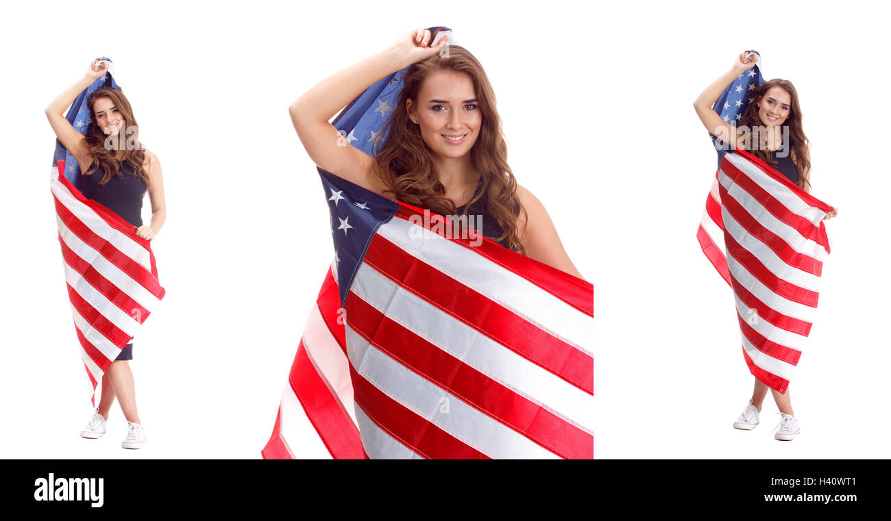 Happy young woman holding USA flag. Image isolated on a white ...