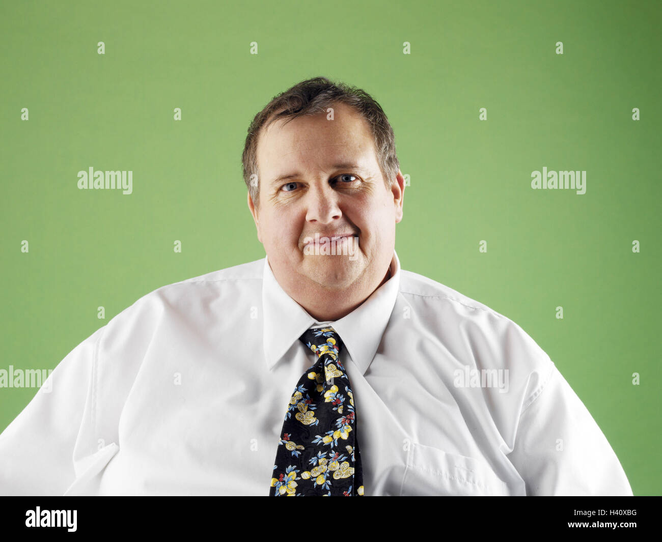 Man, overweight, smile, portrait, middle old person, friendly, thickly, bold, overweight, fatly, adiposity, obesity, obesity, perimetre, voluminously, body perimetre, body weight, unhealthily, shirt, shirt, tie, tie, studio, Stock Photo