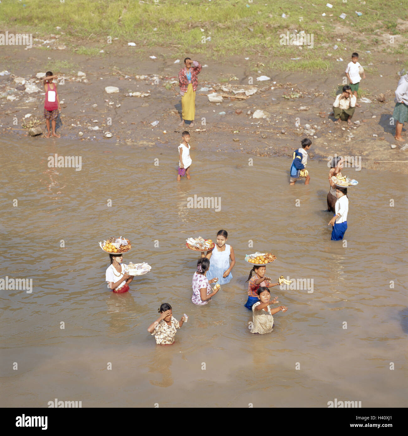 Myanmar, Bagan, River Ayeyarwady, women, stand, sell water, sales, fruits no model to release Asia, Indochina, Burma, scenery, waters, course of a river, locals, market women, head costs, fruit, trade, economy, outside Stock Photo