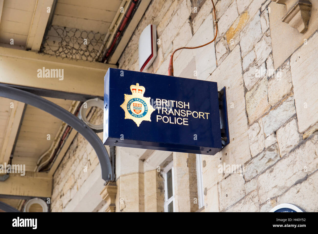 British Transport Police sign on Lancaster railway station Lancashire UK Stock Photo