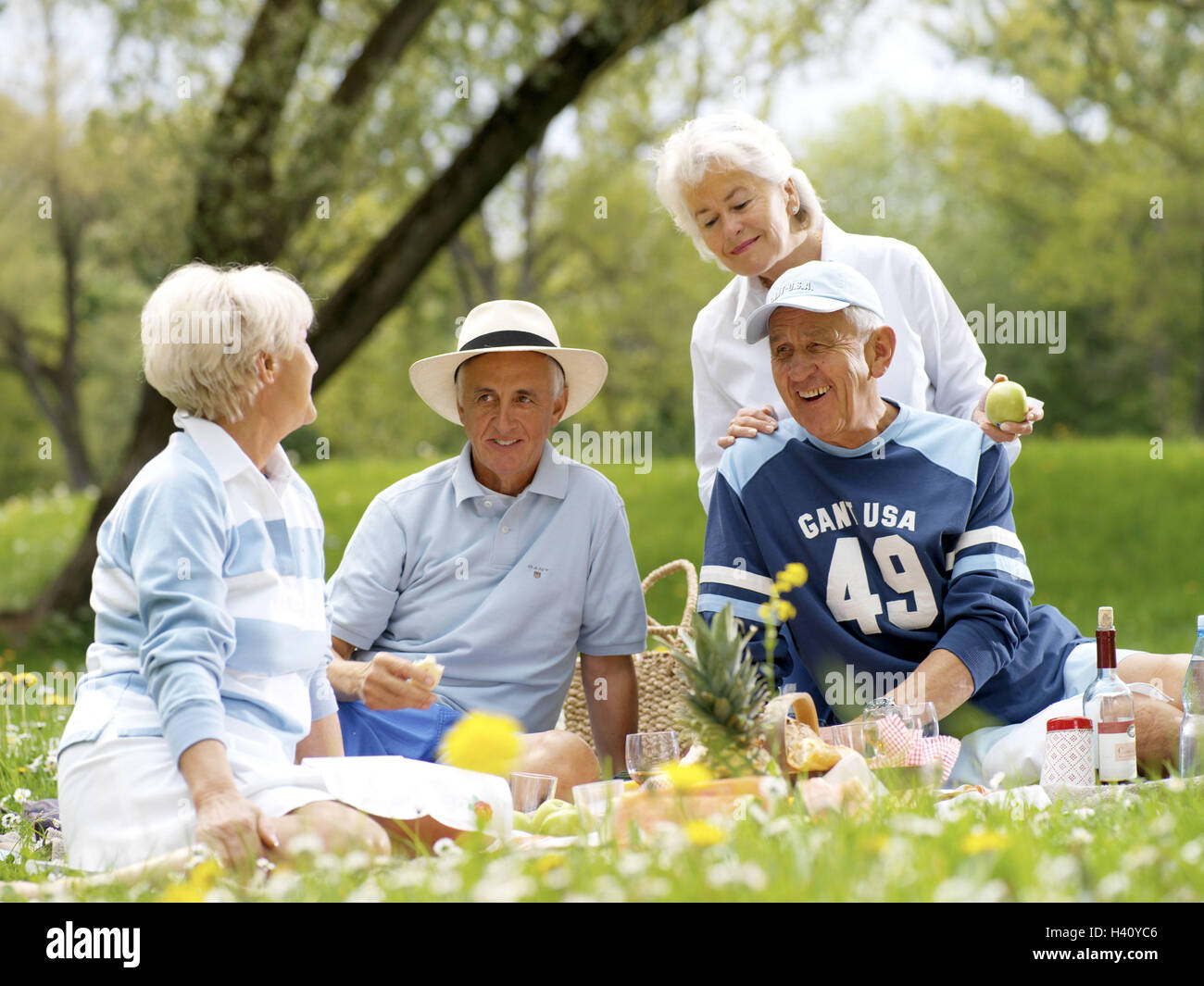 Park, senior pair, cheerfully, picnic, Flower meadow, summers,   Nature, trip, vacation, summer vacation, retirement, pension, leisure time, relaxation, recuperation, well Age, ages, seniors, friends, pair, two, happily, contentedly, young remained, fit, Stock Photo