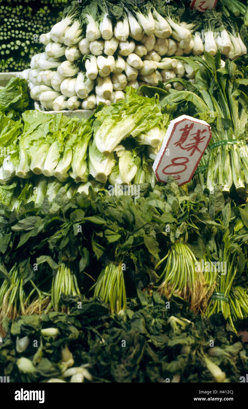 China, Hong Kong, market stall, expense, leafy vegetables, price tag