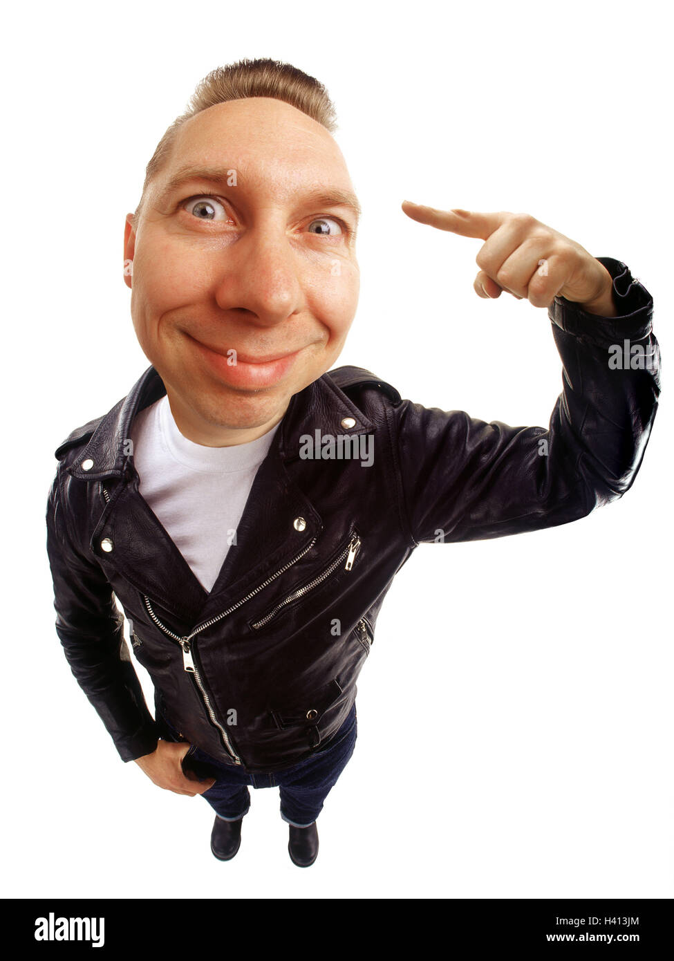Man, young, leather ball jacket, gesture, 'Vogel point', smile, makes unfamiliar Men, wide angle, near, studio, cut out, insults, annoyance, conflict, fight, impolitely, impertinently, nasty, distorts, Stock Photo