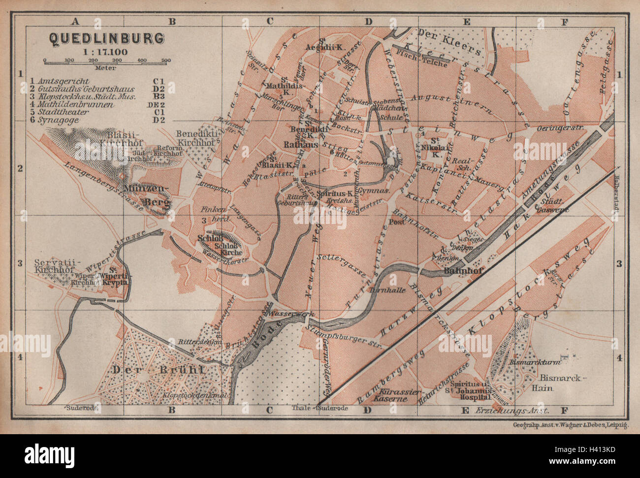 QUEDLINBURG antique town city stadtplan. Germany karte. BAEDEKER 1904