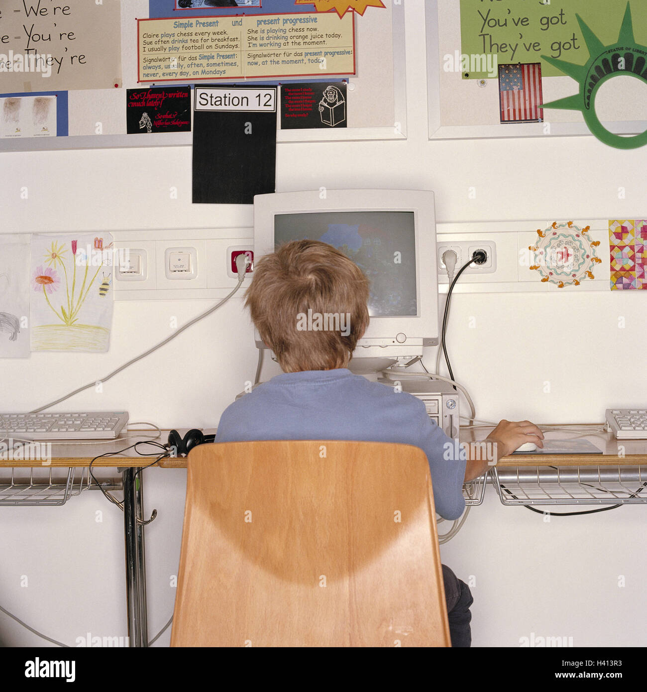 Classrooms School Desk Boy Computer Back View School Child
