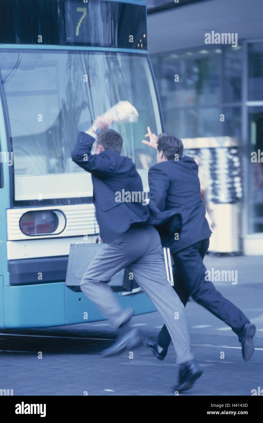Town, manager, two, run, miss bus, back view, outside, man, men, run, miss, missed, too late, briefcases, detain, hurry, there hurry, stress, Having, Hectic rush, Gesture, Coach, Regular bus, Coach, Means of transportation, publicly, behind, hinterherlauf Stock Photo