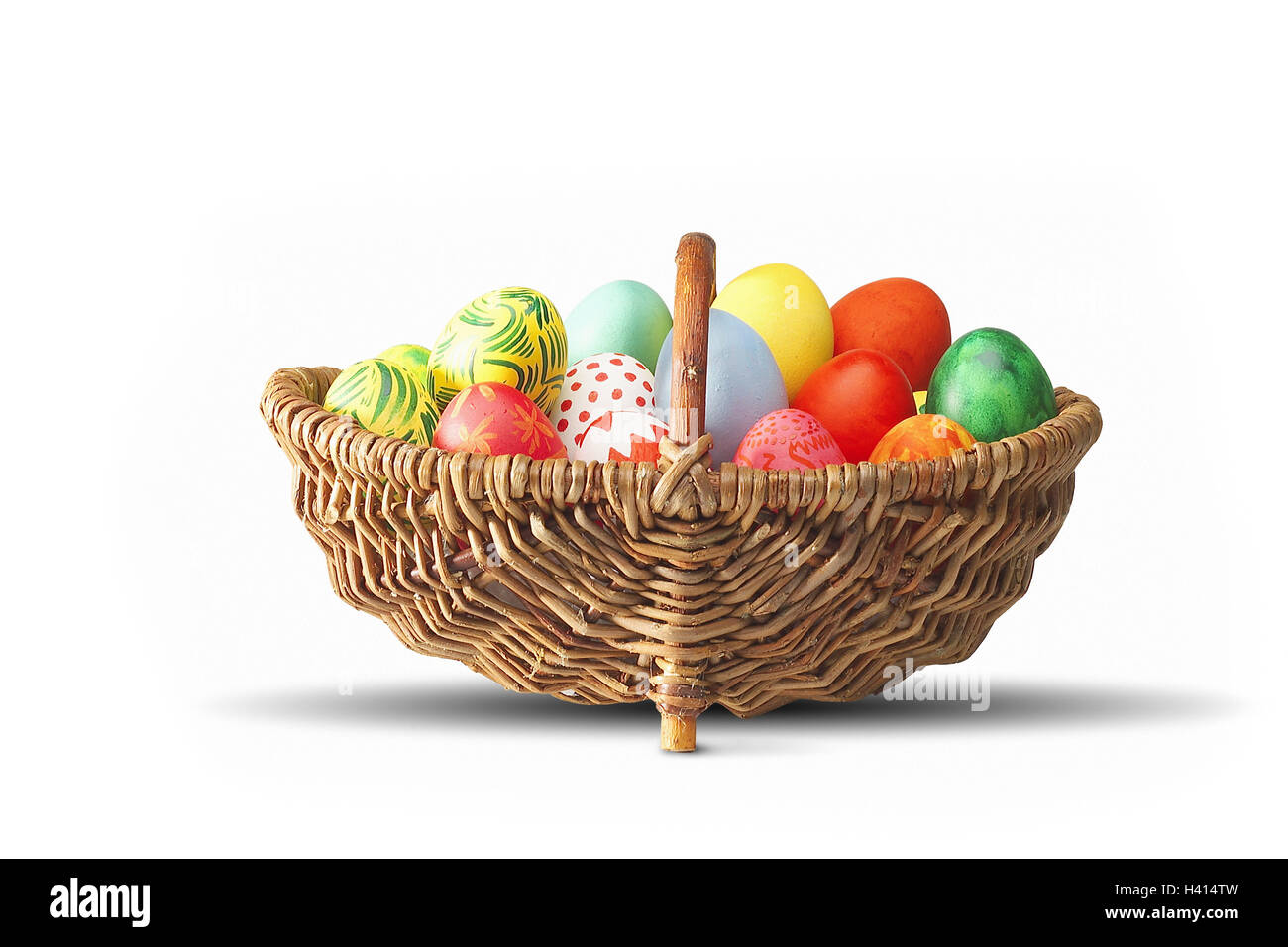 Easter, basket, Easter eggs, brightly, colourfully, Easter feast, Easter time, eggs, colourfully, hand-painted, paints, coloured, patterned, sample, adornment, decoration, Deko, Easter decoration, traditions, Easter traditions, tradition, Still life, product photography, studio Stock Photo
