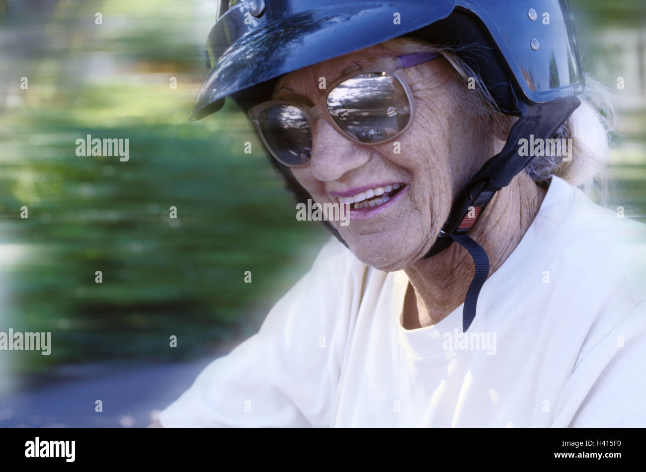 Senior, sunglasses, motorbike helmet, laugh, drive portrait, woman,  pensioner, old person, glasses, helmet, crash helmet, Best Agers, fun, joy,  funnily, joy life, fun-loving, enterprising, Jung-remaining, motorcyclist,  motorcycle driving, luck, freedom ...