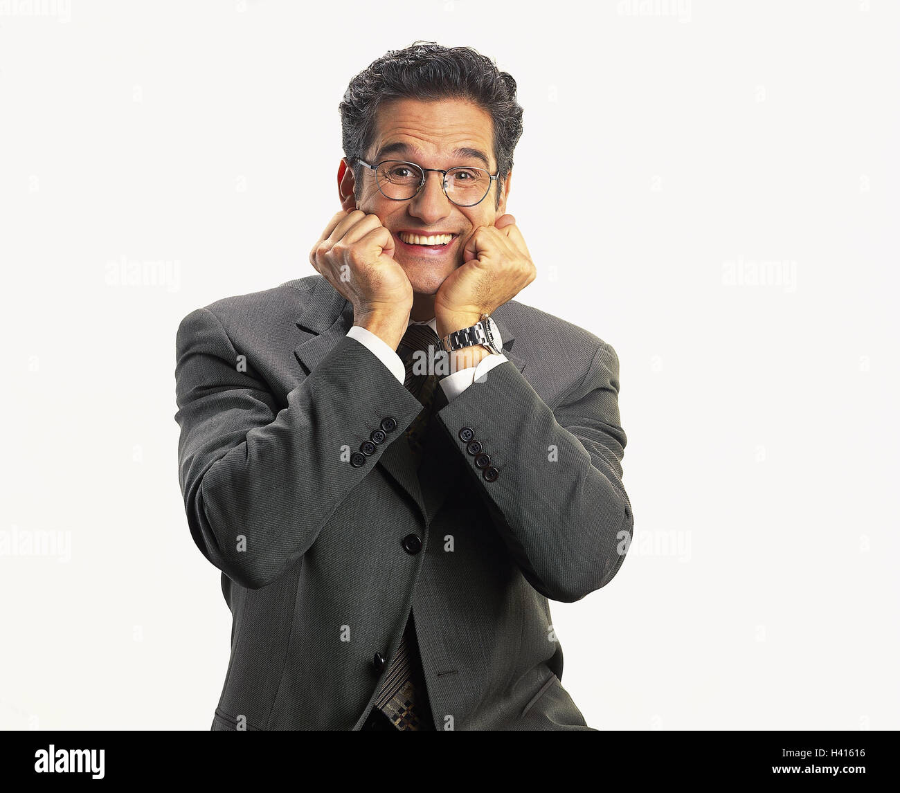 Man, glasses, suit, gesture, joy, enthusiasm, expectantly, half portrait, Men, studio, cut out, businessman, manager, hand, cheeks, prejoy, enthusiastically, pleases, surprises, happy, delightedly, Stock Photo