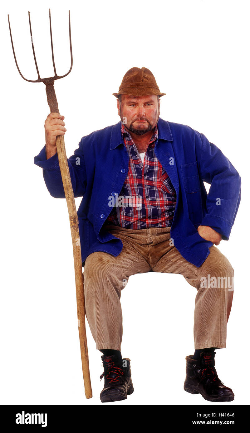 Farmer, facial play, fiercely, care, hayfork, sit, gesture, professions, studio, copy space, pitchfork, man, pawn, middle old person, infuriates, annoys, grumpily, Stock Photo