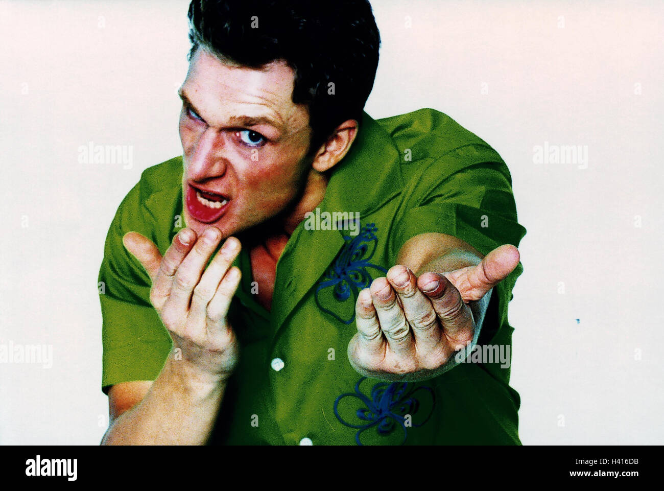 Man, fury, gesture, request, portrait, studio, cut out, emotion, fury, provocation, aggressively, cantankerous, fight, readiness for violence, provoke, challenge, challenging, aggression, aggressively, aggressiveness, angers, nastily, fury, furiously, rag Stock Photo