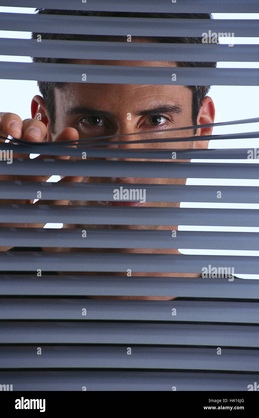 Windows, detail, blind, man, view, portrait, inside, curiously, curiosity, view, camera